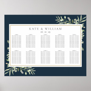Póster Gráfico de Asientos de Boda Verde Navy Azul Dorado
