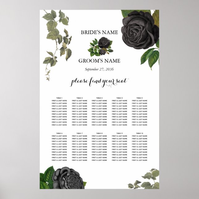 Póster Gráfico de asientos de Bodas blancos para Rosas gó (Frente)