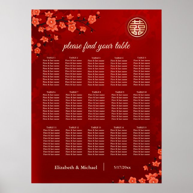 Póster Gráfico de asientos de Bodas chinos con flores de  (Frente)