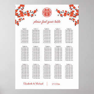 Póster Gráfico de asientos de Bodas chinos con flores de