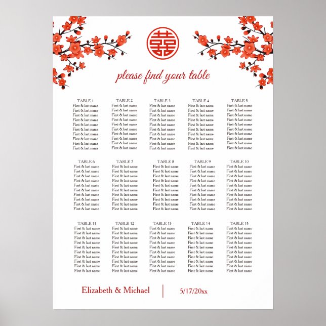 Póster Gráfico de asientos de Bodas chinos con flores de  (Frente)