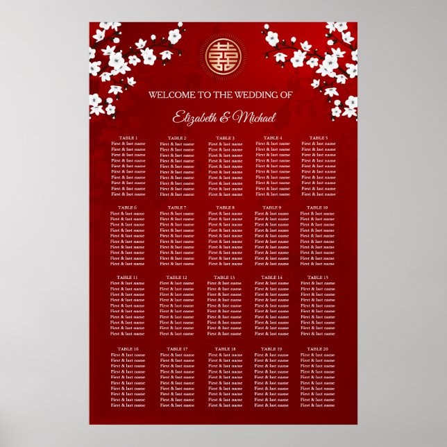 Póster Gráfico de asientos de Bodas chinos con flores de  (Frente)