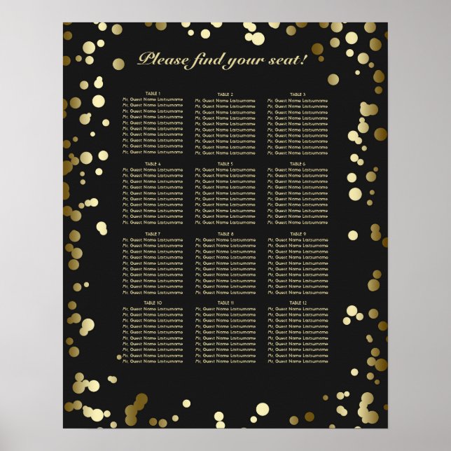 Póster Gráfico de asientos de Bodas de confetti negro y d (Frente)