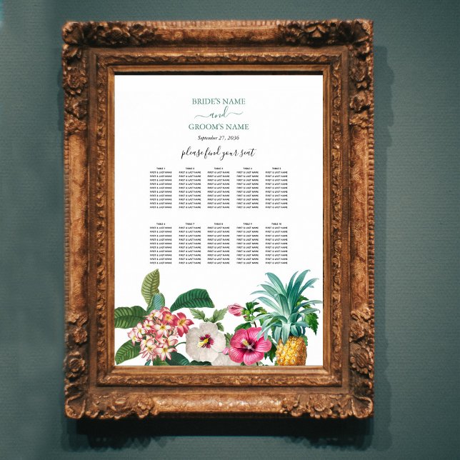 Póster Gráfico de asientos de Bodas de flores tropicales  (Tropical Flowers & Greenery Wedding Seating Chart)