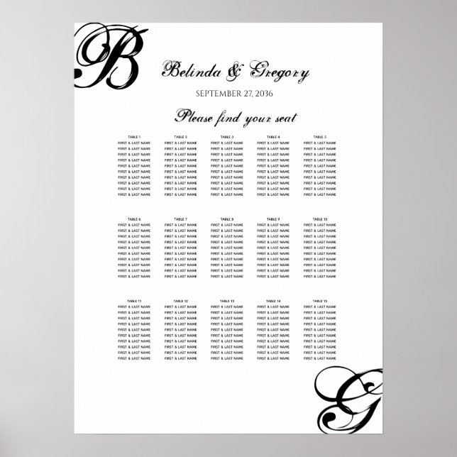 Póster Gráfico de asientos de Bodas de guiones blancos y  (Frente)