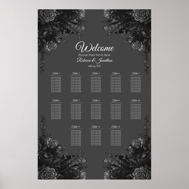 Póster Gráfico de asientos de Bodas góticos de Rosas gris (Frente)