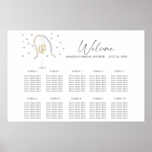 Póster Gráfico de asientos de bodas Perlas y Prosecco (Frente)