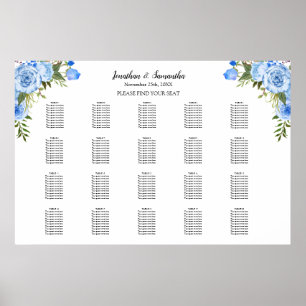 Póster Gráfico de Asientos de Flores Azules 20 mesas Boda