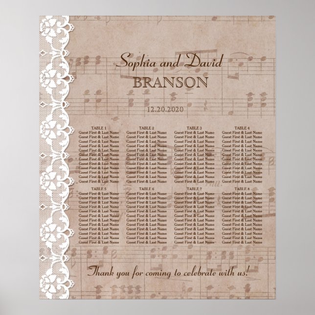 Póster Gráfico de asientos de hojas de música románticas  (Frente)