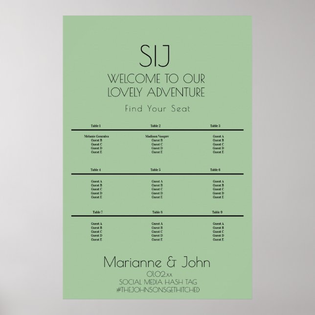 Póster Gráfico de Asientos de Logo de Boda Verde Minimali (Frente)