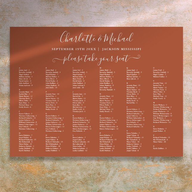 Póster Gráfico de asientos de los Bodas Terracotta 200 No (Terracotta 200 Names Wedding Seating Chart)
