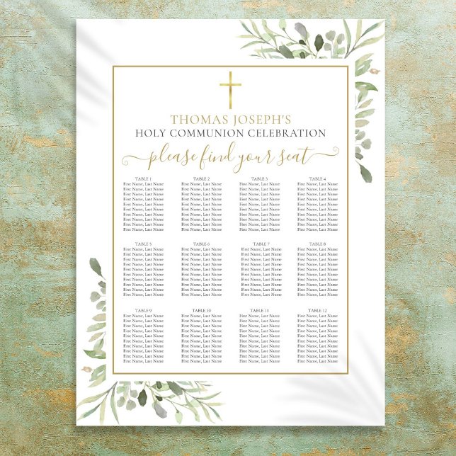 Póster Gráfico de Asientos de Primera Comunión Verde Dora (First Holy Communion Greenery Gold Seating Chart)