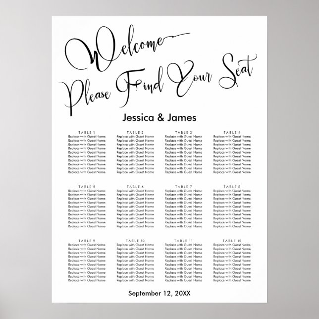 Póster Gráfico de Asientos de Recepción de Boda con Letra (Frente)