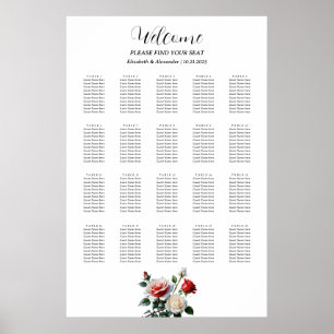 Póster gráfico de asientos de rosas rojas blancas de boni