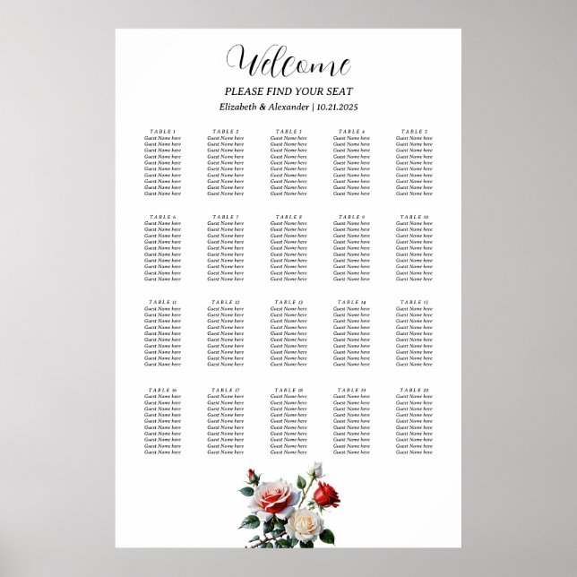 Póster gráfico de asientos de rosas rojas blancas de boni (Frente)