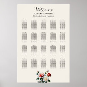 Póster gráfico de asientos de rosas rojas blancas de boni