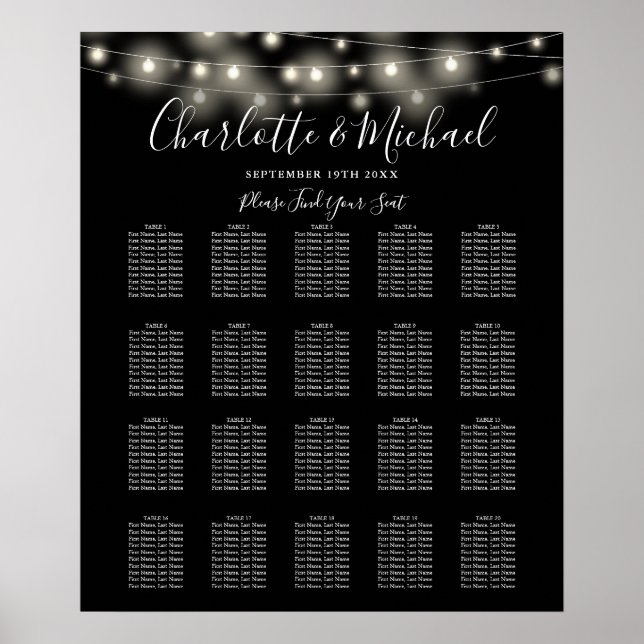 Póster Gráfico de asientos del Boda blanco negro (Frente)
