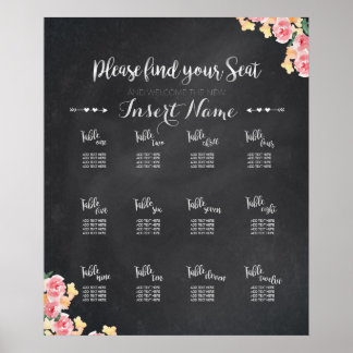 Póster Gráfico de asientos del boda | Chalkboard Floral