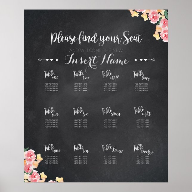 Póster Gráfico de asientos del boda | Chalkboard Floral (Frente)
