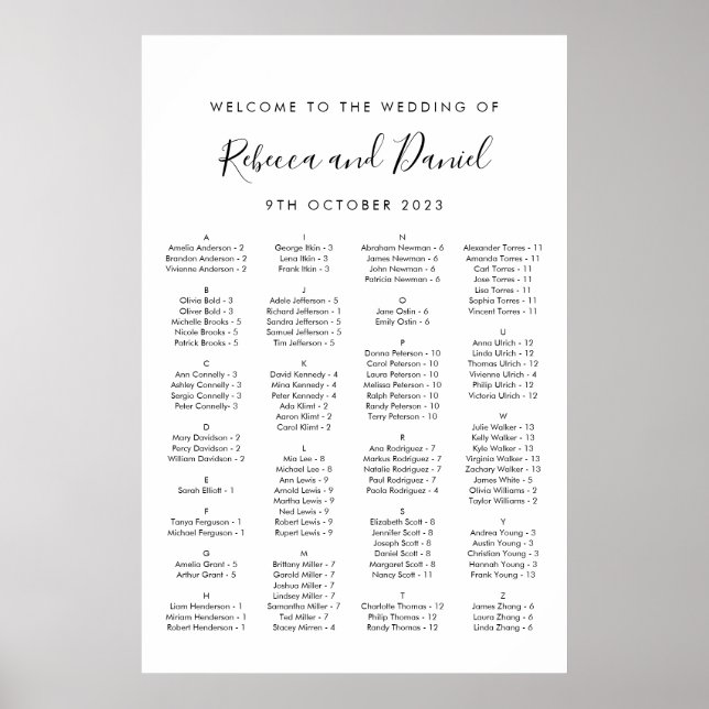 Póster Gráfico de asientos del Boda de bienvenida alfabét (Frente)
