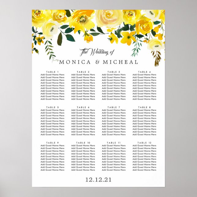 Póster Gráfico de asientos del Boda de flores amarillo vi (Frente)