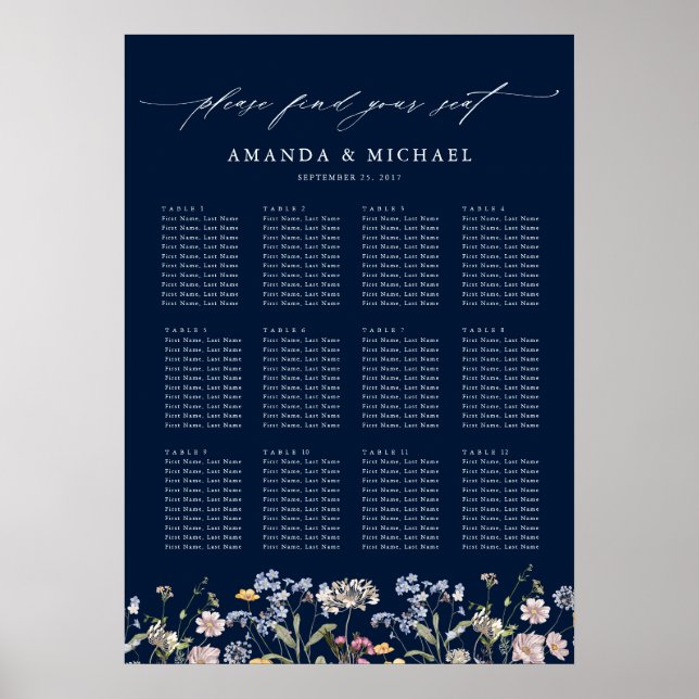 Póster Gráfico de asientos del Boda de flores silvestres  (Frente)