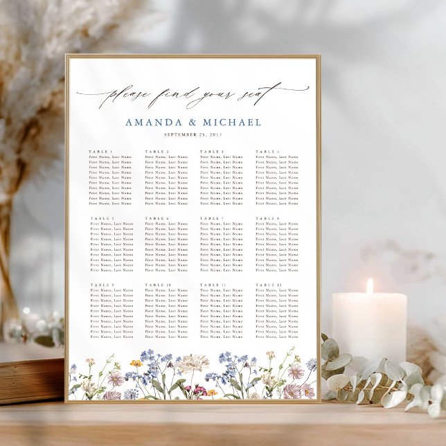 Póster Gráfico de asientos del Boda de flores silvestres  (Colorful Spring Wildflower garden Wedding downloadable Seating Chart poster )