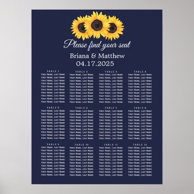 Póster Gráfico de asientos del Boda de girasol País Azul (Frente)