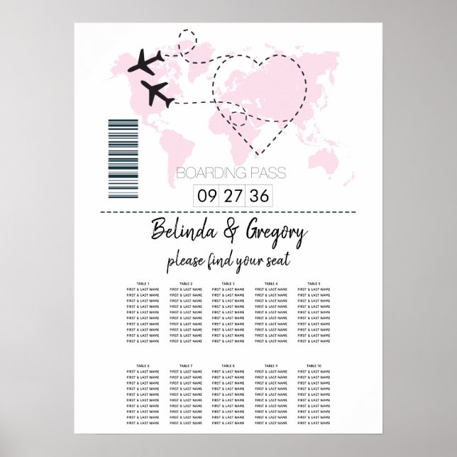 Póster Gráfico de asientos del Boda de tarjetas de embarq (Frente)