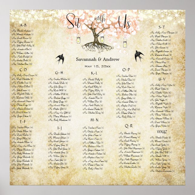 Póster Gráfico de asientos del Boda del árbol de hojas de (Frente)
