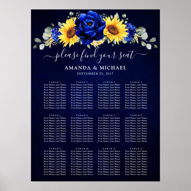 Póster Gráfico de asientos del Boda del girasol ruso azul (Frente)