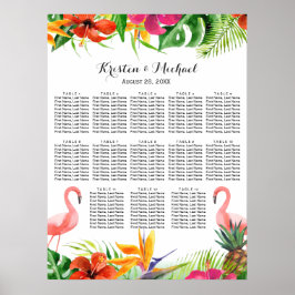 Póster Gráfico de asientos del boda | Flamingo floral tro