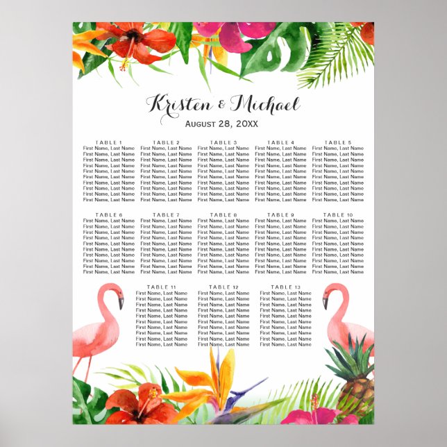 Póster Gráfico de asientos del boda | Flamingo floral tro (Frente)