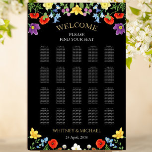 Póster Gráfico de asientos del Boda negro de flores silve