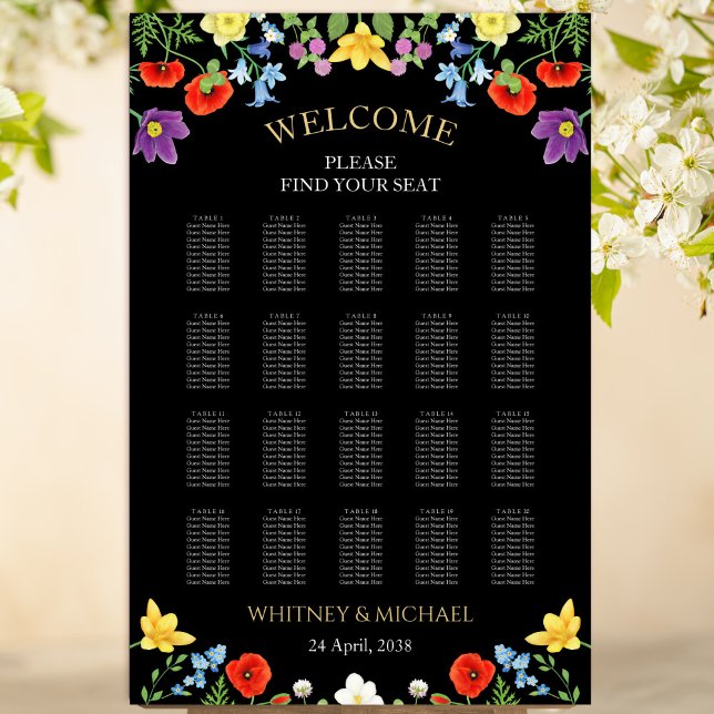 Póster Gráfico de asientos del Boda negro de flores silve (Spring Wildflower Black Wedding Seating Chart)