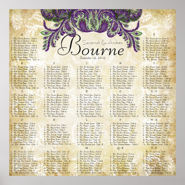 Póster Gráfico de asientos del Boda Paisley Peacock Purpl (Frente)
