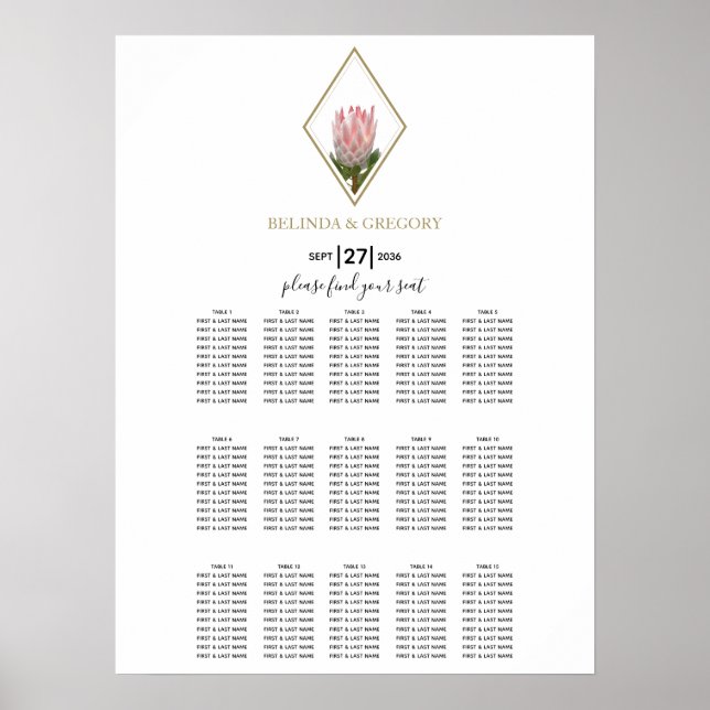 Póster Gráfico de asientos del Boda Rustic King Protea (Frente)