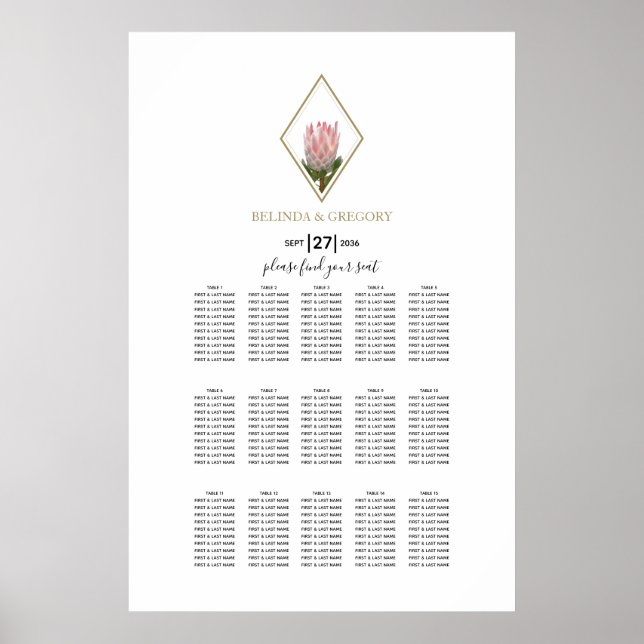 Póster Gráfico de asientos del Boda Rustic King Protea (Frente)