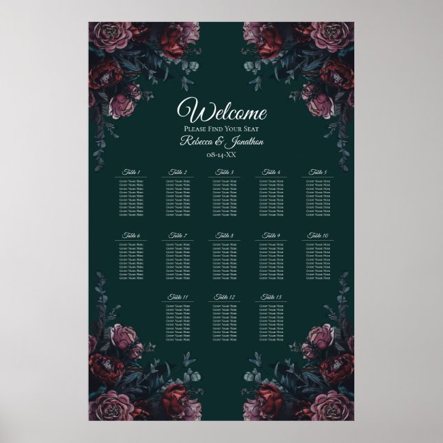 Póster Gráfico de asientos Elegantes de Boda Verde del Bo (Frente)