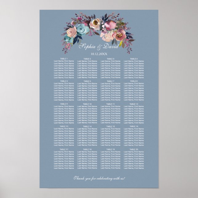 Póster Gráfico de asientos floral azul polvoriento rosa p (Frente)