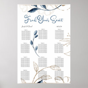 Póster Gráfico de Asientos Floral Moderno Blue Gold Elega
