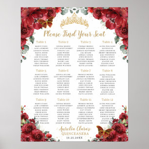 Póster Gráfico de Asientos Floral Rojo Quinceañera Mis 15