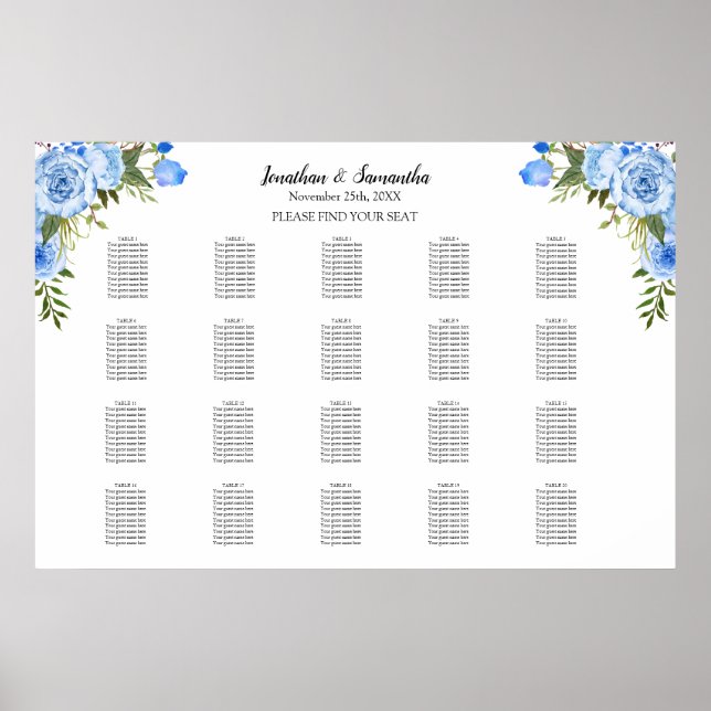 Póster Gráfico de asientos Flores Azules 20 mesas Boda (Frente)