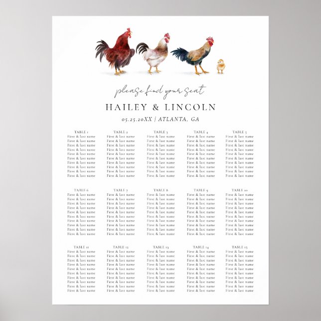 Póster Gráfico de Asientos para Boda de Gallinas de Granj (Frente)