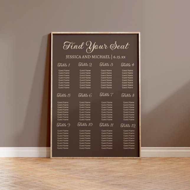 Póster Gráfico de Asientos para Recepción de Boda Marrón (Elegant brown wedding seating chart)