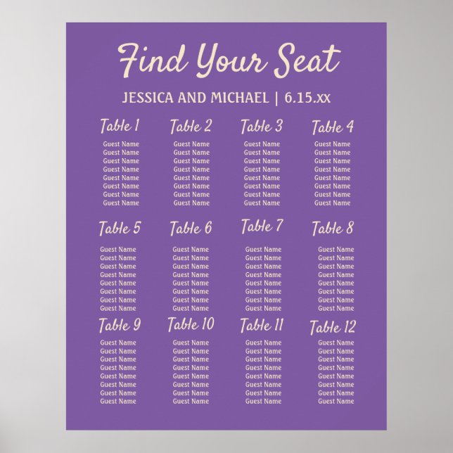 Póster Gráfico de Asientos para Recepción de Boda Morada (Frente)