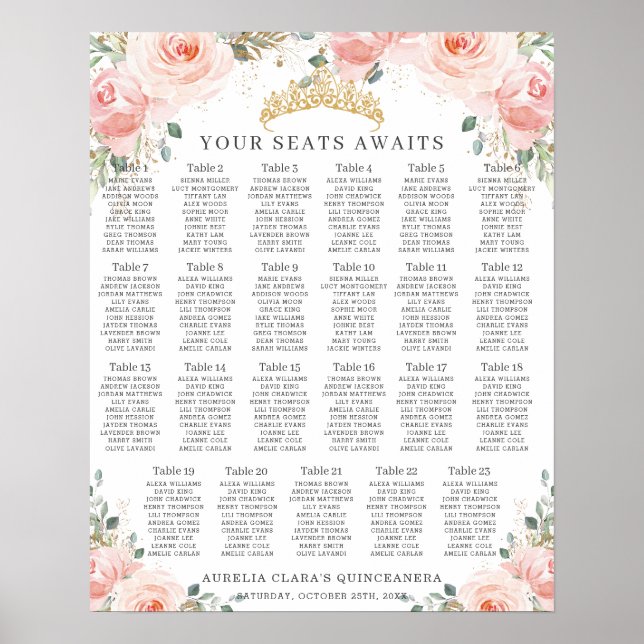 Póster Gráfico de Asientos Quinceañera Rosa con Flores Do (Frente)