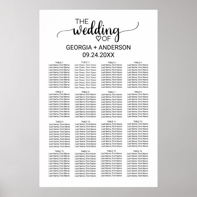 Póster Gráfico de asientos simple de Boda de caligrafía n (Frente)