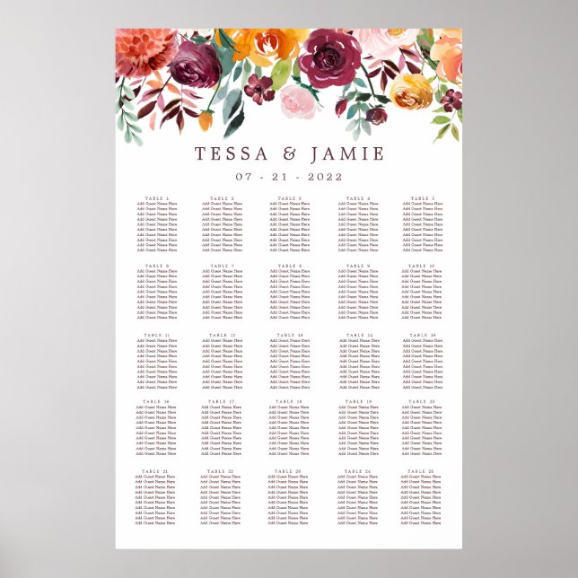 Póster Gráfico de asientos XL del Boda floral Paprika Bur (Frente)