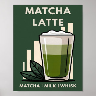 Póster Gráfico de Café Matcha Latte Retro Verde Oscuro